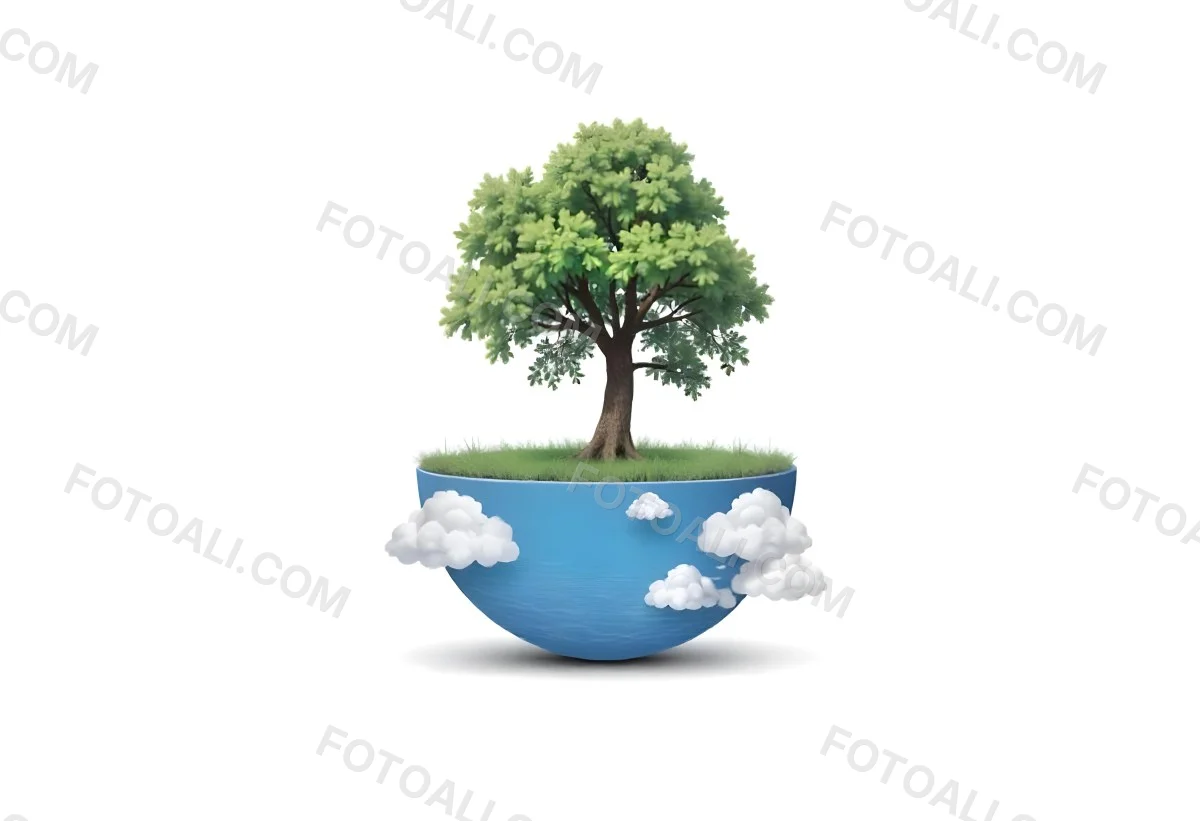A Tree Growing On A Half Earth With Grass On Top Blue Ocean And White Clouds Isolated On White Background 6 4159
