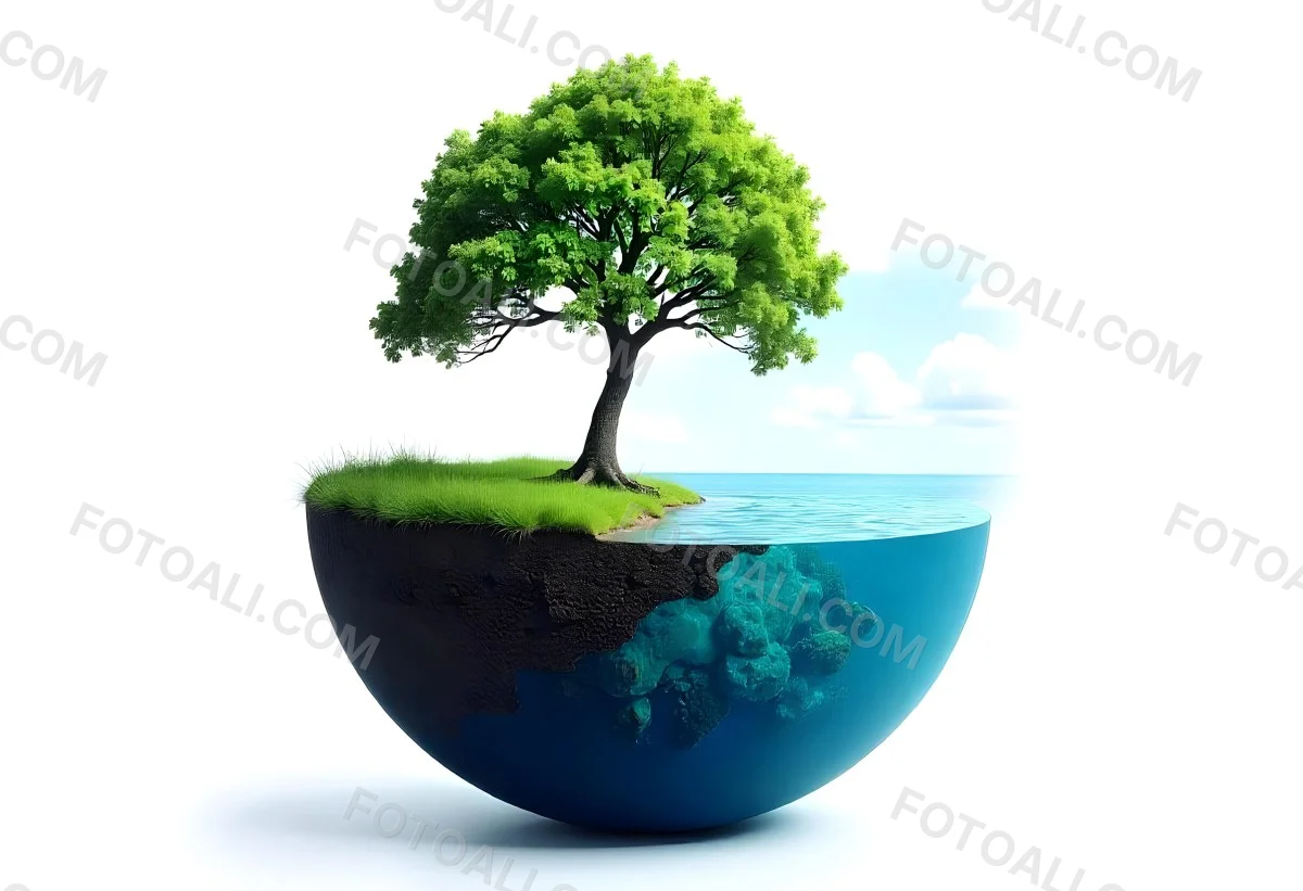 A Tree Growing On A Half Earth With Grass On Top Blue Ocean And White Clouds Isolated On White Background 7 91b9
