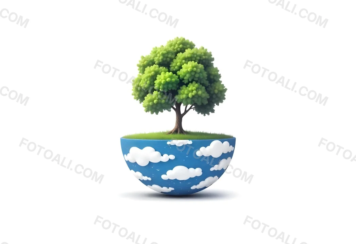 A Tree Growing On A Half Earth With Grass On Top Blue Ocean And White Clouds Isolated On White Background 8 E69f