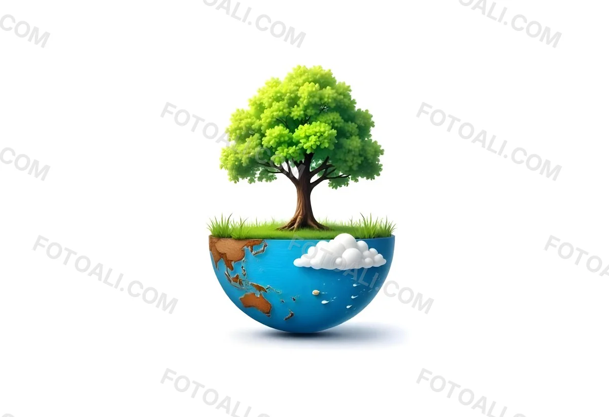 A Tree Growing On A Half Earth With Grass On Top Blue Ocean And White Clouds Isolated On White Background 9 715f