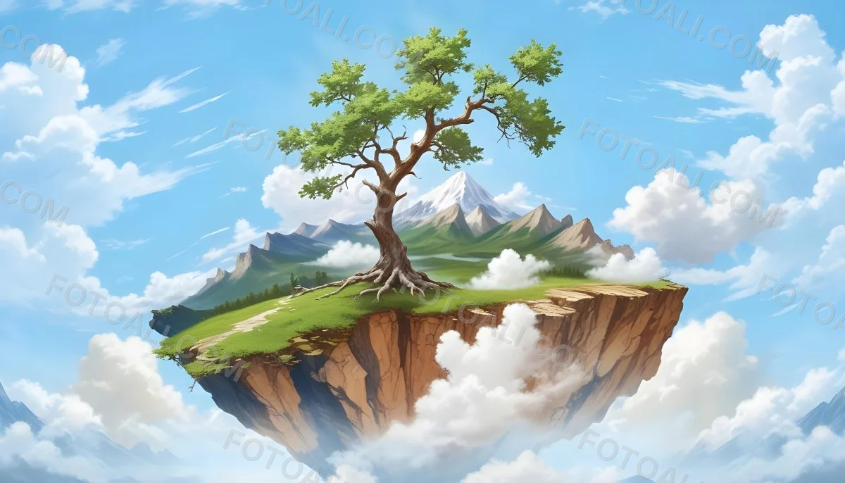 A Tree On Top Of The Earth With Clouds Below And A Blue Sky With Clouds In The Background Mountains On The Right 2 57de
