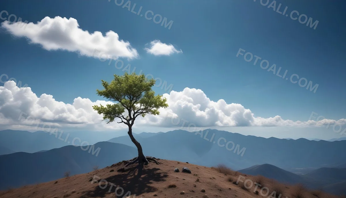 A Tree On Top Of The Earth With Clouds Below And A Blue Sky With Clouds In The Background Mountains On The Right 4 8adc