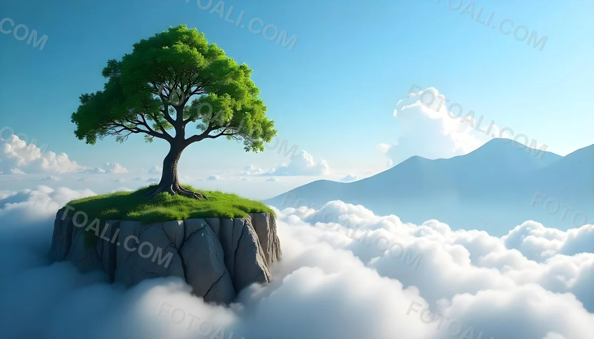 A Tree On Top Of The Earth With Clouds Below And A Blue Sky With Clouds In The Background Mountains On The Right 41 Cf52