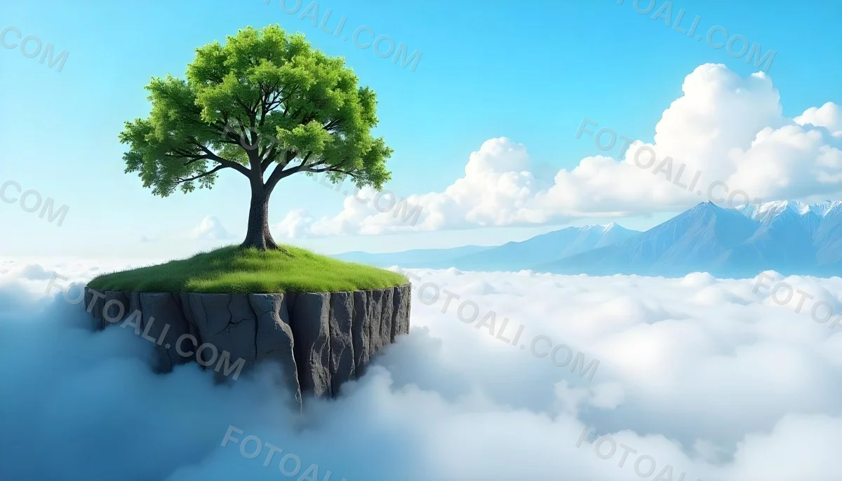 A Tree On Top Of The Earth With Clouds Below And A Blue Sky With Clouds In The Background Mountains On The Right 46 F84a
