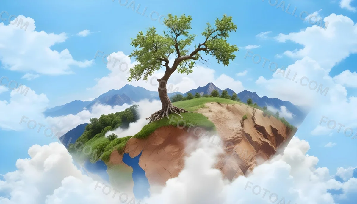 A Tree On Top Of The Earth With Clouds Below And A Blue Sky With Clouds In The Background Mountains On The Right 48 Effc