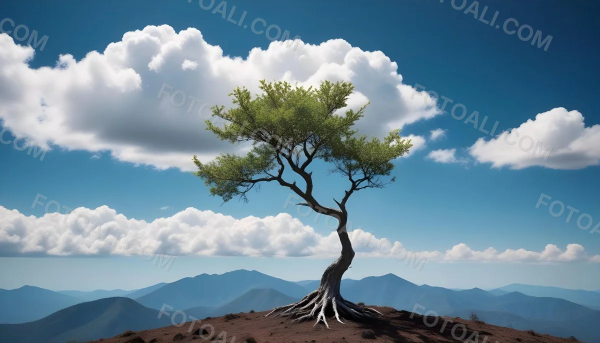 A Tree On Top Of The Earth With Clouds Below And A Blue Sky With Clouds In The Background Mountains On The Right 6 8feb
