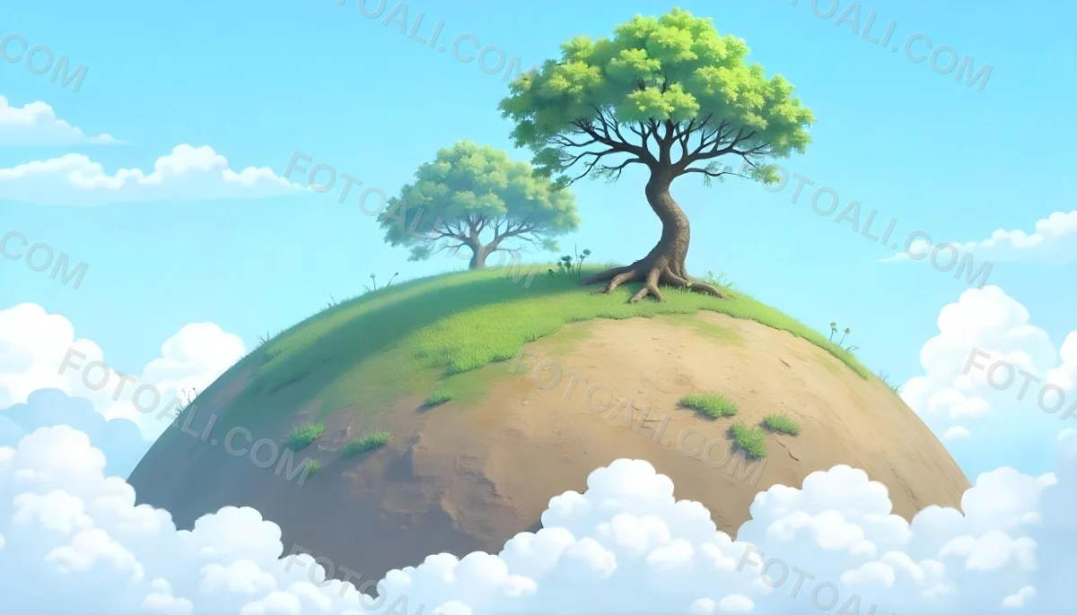A Tree On Top Of The Earth With Clouds Below And A Blue Sky With Clouds In The Background Mountains On The Right 61 075d