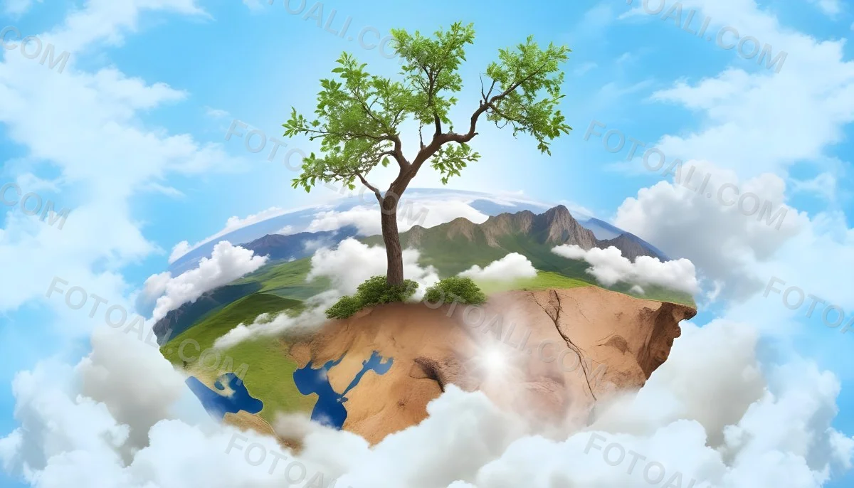 A Tree On Top Of The Earth With Clouds Below And A Blue Sky With Clouds In The Background Mountains On The Right 62 0f90