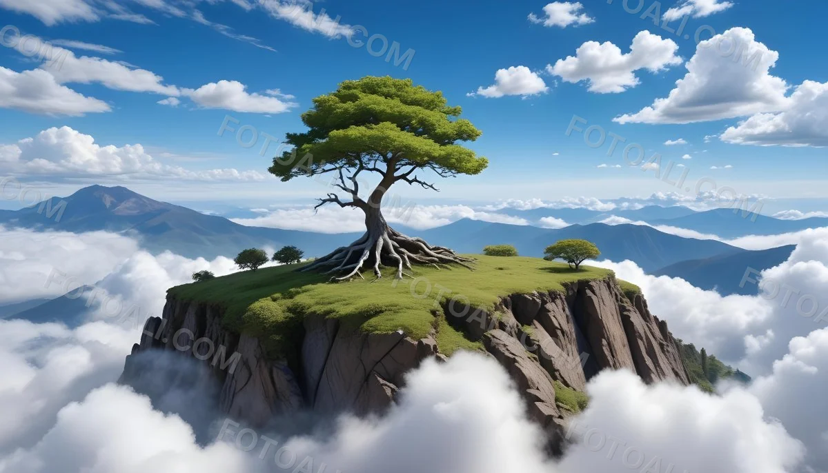 A Tree On Top Of The Earth With Clouds Below And A Blue Sky With Clouds In The Background Mountains On The Right 64 8d07