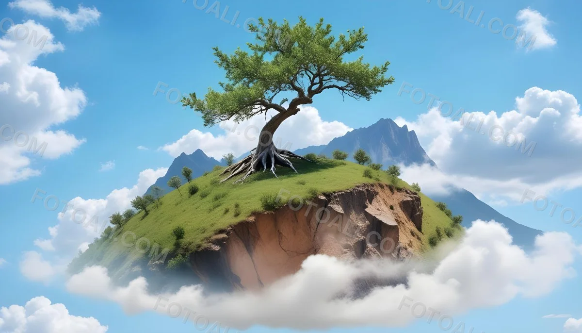A Tree On Top Of The Earth With Clouds Below And A Blue Sky With Clouds In The Background Mountains On The Right 67 Bfdf