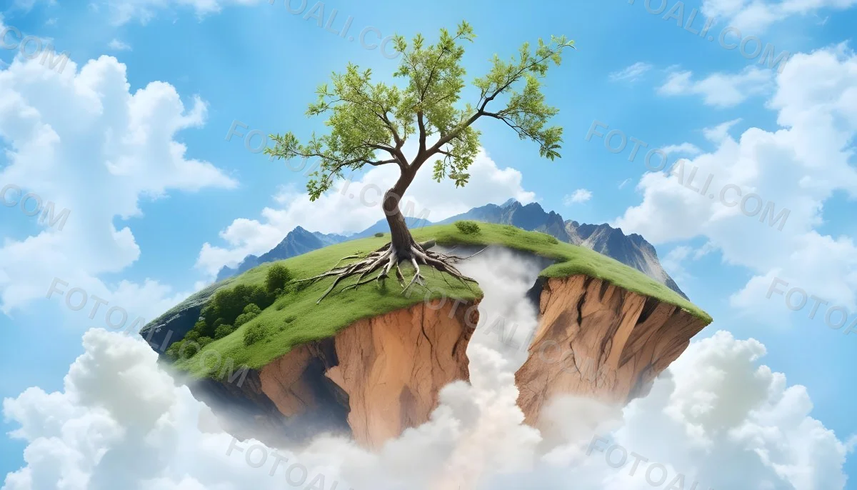 A Tree On Top Of The Earth With Clouds Below And A Blue Sky With Clouds In The Background Mountains On The Right 68 19c1