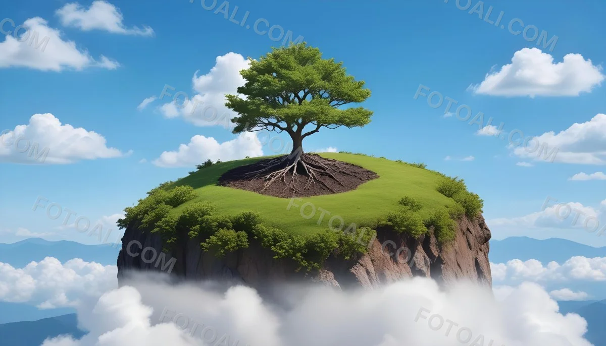 A Tree On Top Of The Earth With Clouds Below And A Blue Sky With Clouds In The Background Mountains On The Right 69 848a