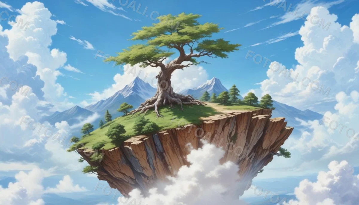 A Tree On Top Of The Earth With Clouds Below And A Blue Sky With Clouds In The Background Mountains On The Right 7 069e