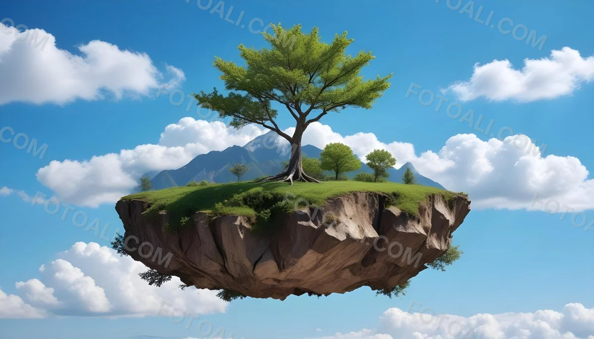 A Tree On Top Of The Earth With Clouds Below And A Blue Sky With Clouds In The Background Mountains On The Right 7 Edfa