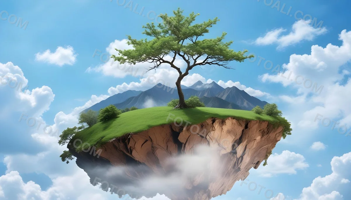 A Tree On Top Of The Earth With Clouds Below And A Blue Sky With Clouds In The Background Mountains On The Right 70 C389