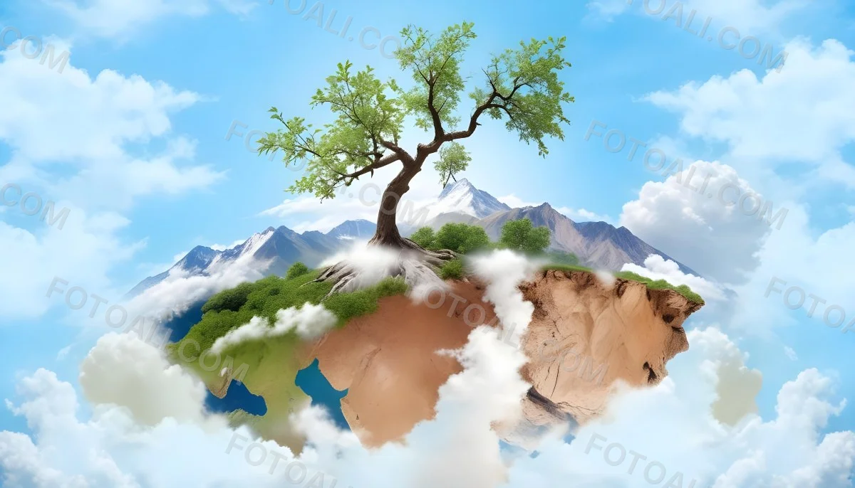 A Tree On Top Of The Earth With Clouds Below And A Blue Sky With Clouds In The Background Mountains On The Right 72 1b87
