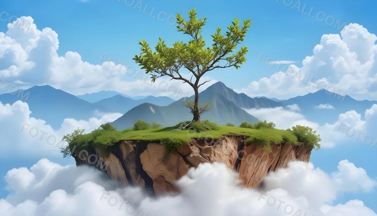 A Tree On Top Of The Earth With Clouds Below And A Blue Sky With Clouds In The Background Mountains On The Right 8 2e60