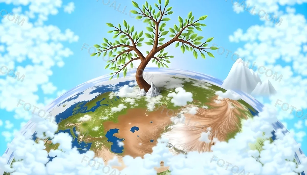 A Tree On Top Of The Earth With Clouds Below And A Blue Sky With Clouds In The Background Mountains On The Right 9 32b4