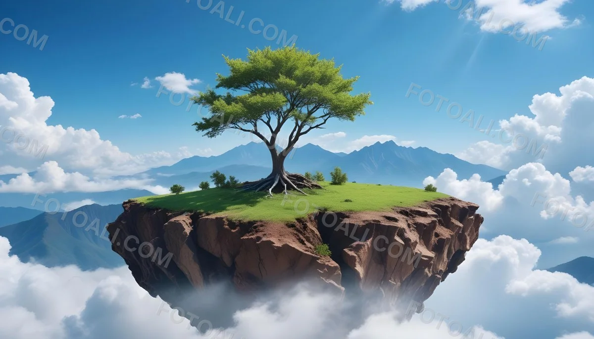 A Tree On Top Of The Earth With Clouds Below And A Blue Sky With Clouds In The Background Mountains On The Right 9 899c
