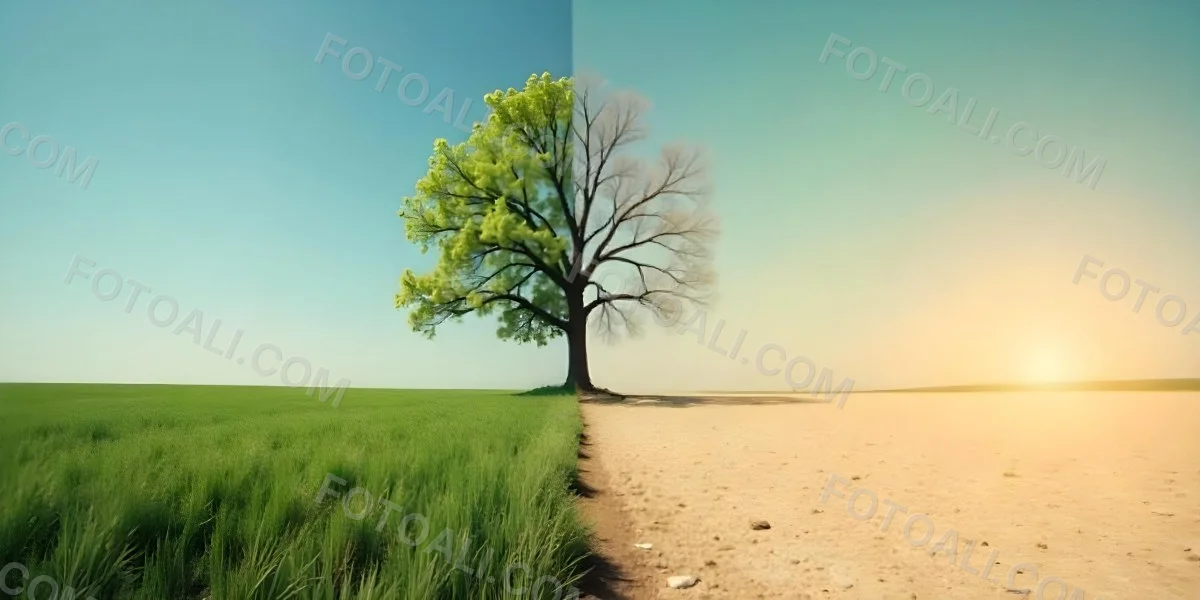 A Tree With Half Green Leaves And Half Dry Branches In A Field With Half Green Grass And Half Dry Land Under A Blue Sky 14 Dd97