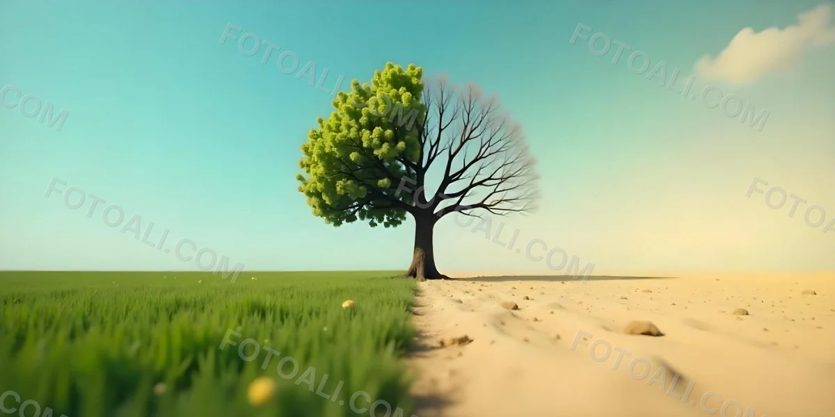 A Tree With Half Green Leaves And Half Dry Branches In A Field With Half Green Grass And Half Dry Land Under A Blue Sky 14 E0d9