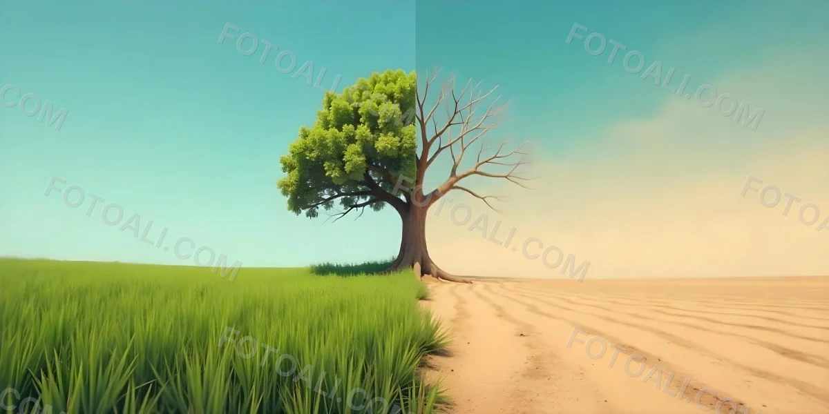 A Tree With Half Green Leaves And Half Dry Branches In A Field With Half Green Grass And Half Dry Land Under A Blue Sky 20 Bae7