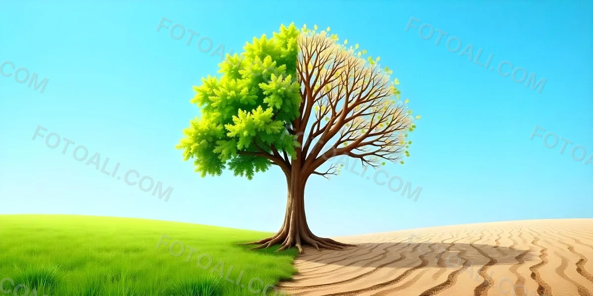 A Tree With Half Green Leaves And Half Dry Branches In A Field With Half Green Grass And Half Dry Land Under A Blue Sky 24 142d
