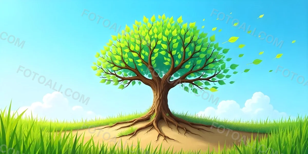 A Tree With Half Green Leaves And Half Dry Branches In A Field With Half Green Grass And Half Dry Land Under A Blue Sky 3 83d7
