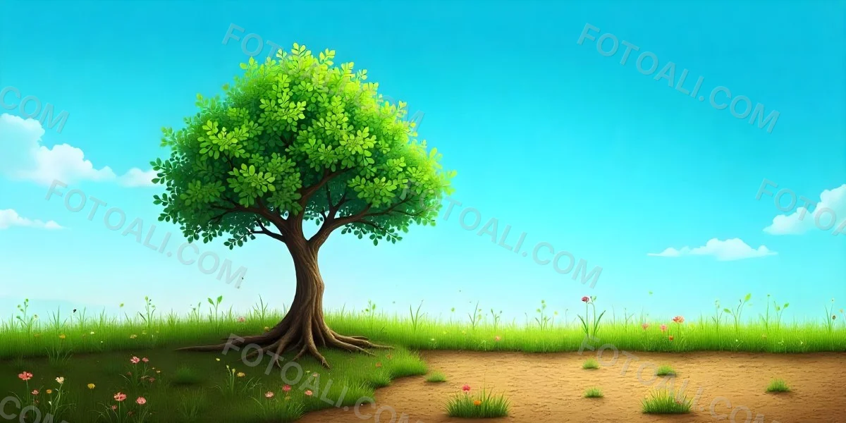 A Tree With Half Green Leaves And Half Dry Branches In A Field With Half Green Grass And Half Dry Land Under A Blue Sky 32 E351