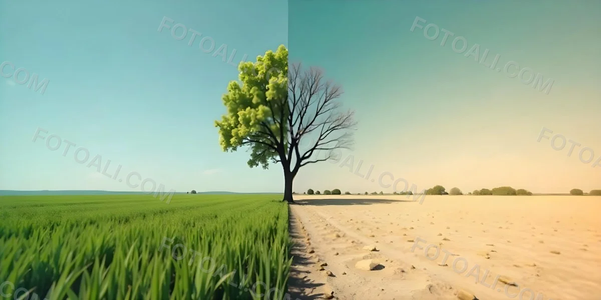 A Tree With Half Green Leaves And Half Dry Branches In A Field With Half Green Grass And Half Dry Land Under A Blue Sky 4 D6e0