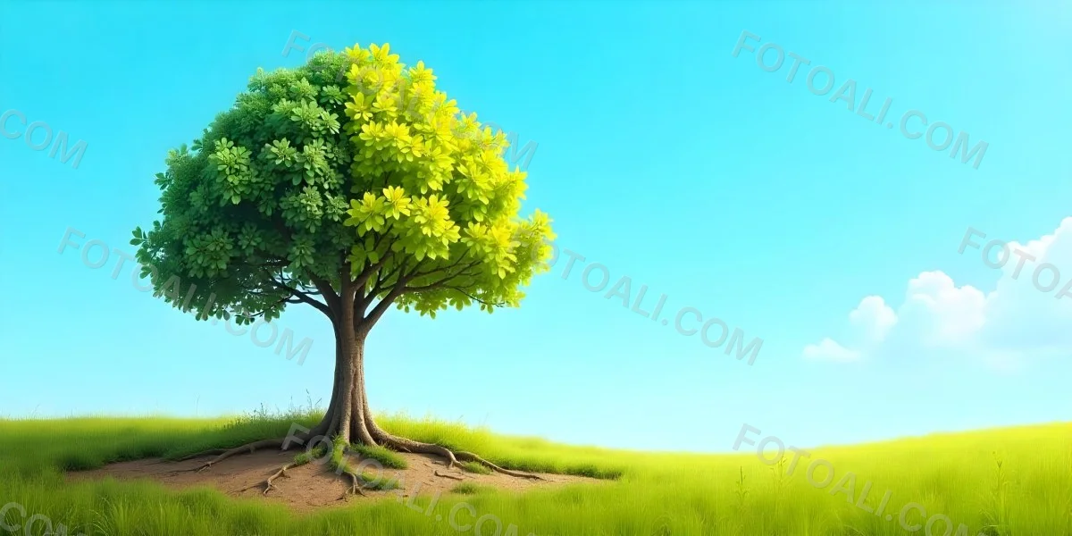 A Tree With Half Green Leaves And Half Dry Branches In A Field With Half Green Grass And Half Dry Land Under A Blue Sky 43 E73f