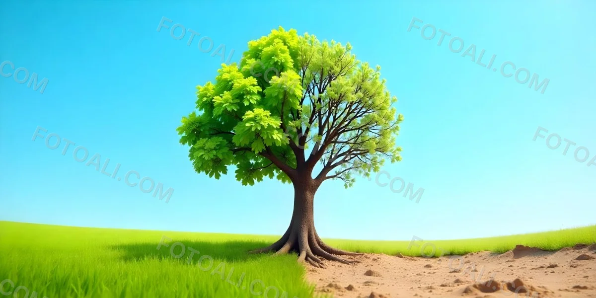 A Tree With Half Green Leaves And Half Dry Branches In A Field With Half Green Grass And Half Dry Land Under A Blue Sky 46 081d