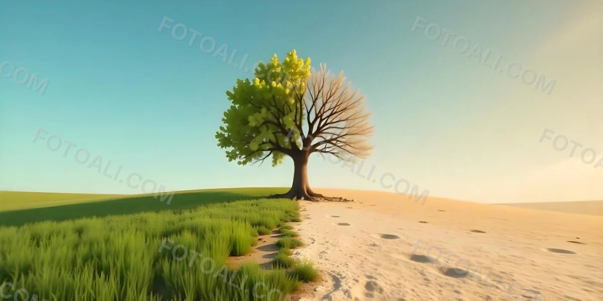 A Tree With Half Green Leaves And Half Dry Branches In A Field With Half Green Grass And Half Dry Land Under A Blue Sky 47 F365