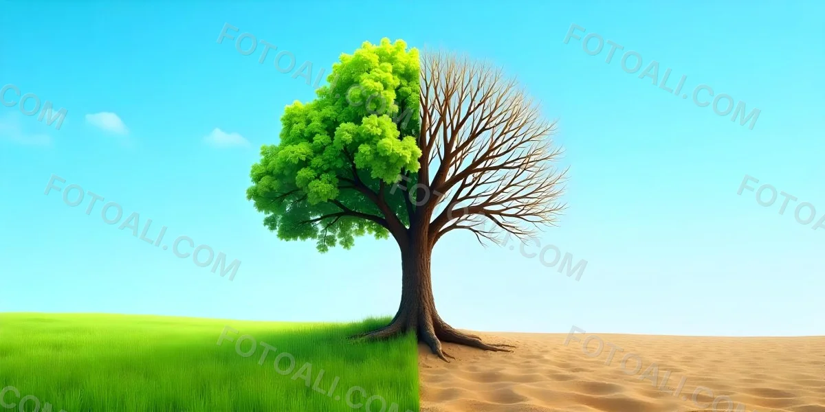 A Tree With Half Green Leaves And Half Dry Branches In A Field With Half Green Grass And Half Dry Land Under A Blue Sky 48 8638