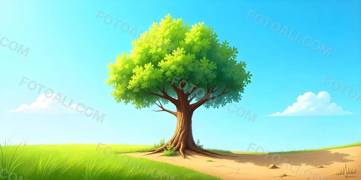 A Tree With Half Green Leaves And Half Dry Branches In A Field With Half Green Grass And Half Dry Land Under A Blue Sky 5 9323