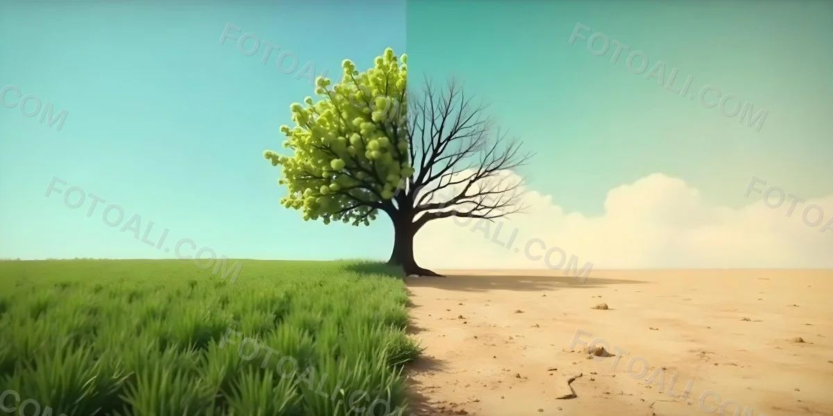 A Tree With Half Green Leaves And Half Dry Branches In A Field With Half Green Grass And Half Dry Land Under A Blue Sky 6 37ec