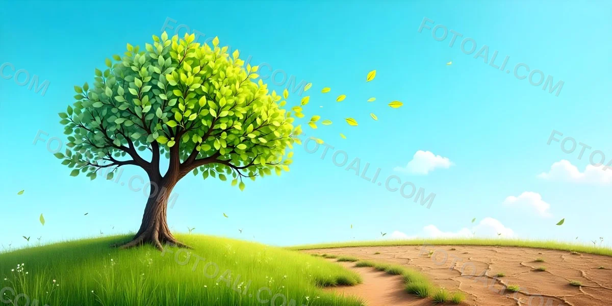 A Tree With Half Green Leaves And Half Dry Branches In A Field With Half Green Grass And Half Dry Land Under A Blue Sky 8 Bb3a