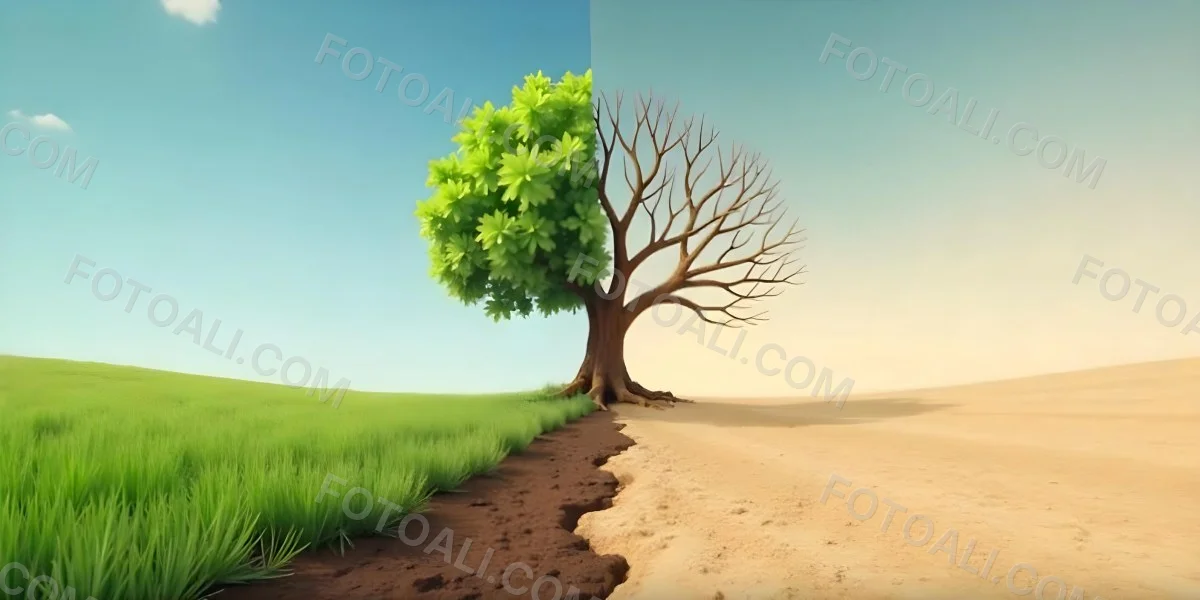 A Tree With Half Green Leaves And Half Dry Branches In A Field With Half Green Grass And Half Dry Land Under A Blue Sky 9 F3db