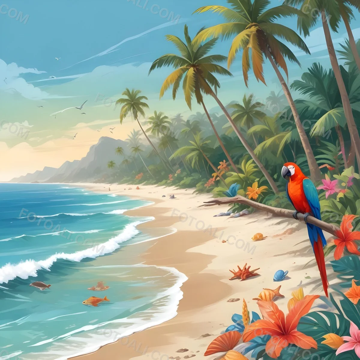 A Tropical Beach Scene With Palm Trees A Monkey Colorful Birds Dolphins And Various Sea Creatures On The Shore Featuring A Desert Oasis Under A Bright Sunny Sky With Gentle Waves In The Background 2 Ed85