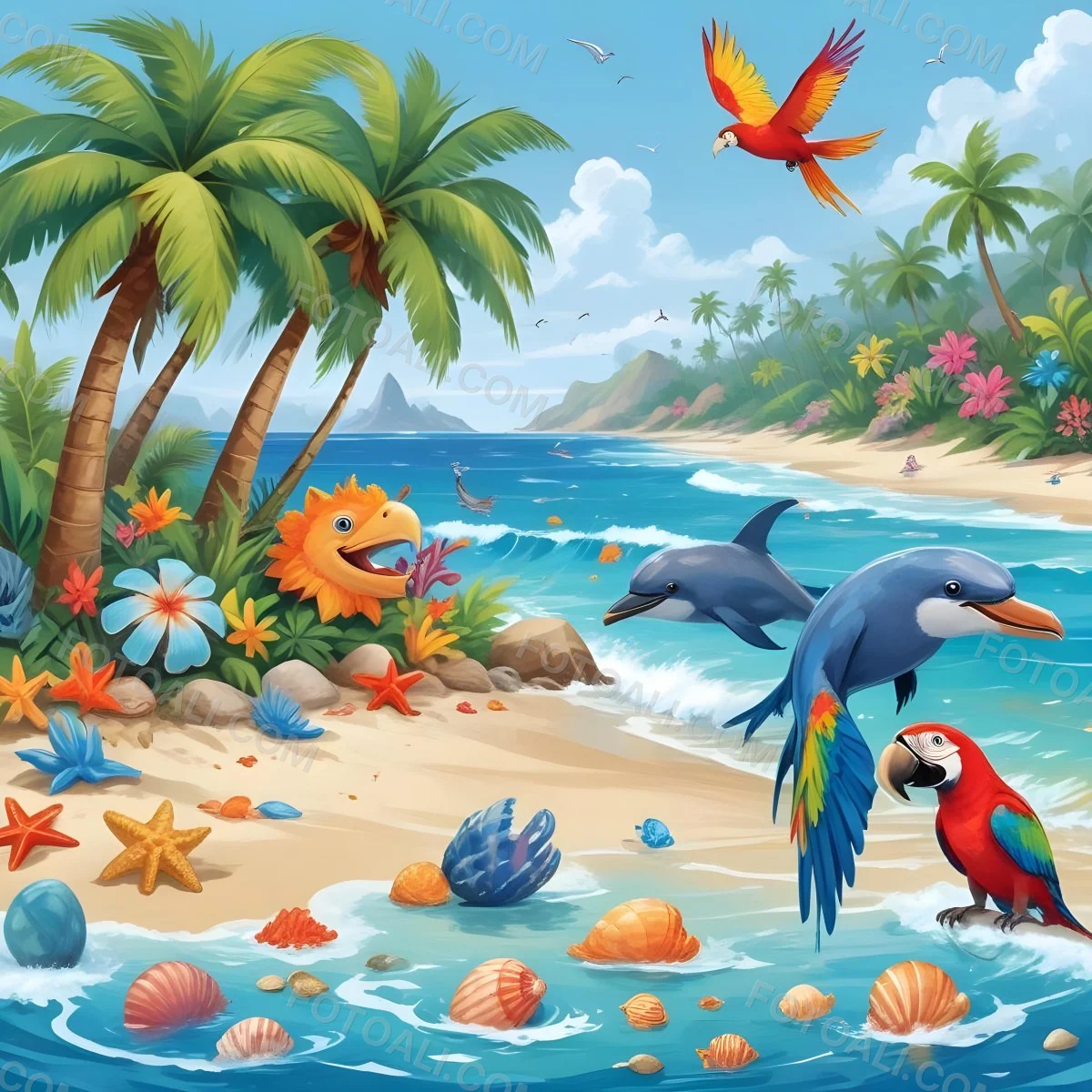 A Tropical Beach Scene With Palm Trees A Monkey Colorful Birds Dolphins And Various Sea Creatures On The Shore Featuring A Desert Oasis Under A Bright Sunny Sky With Gentle Waves In The Background 34 36a7