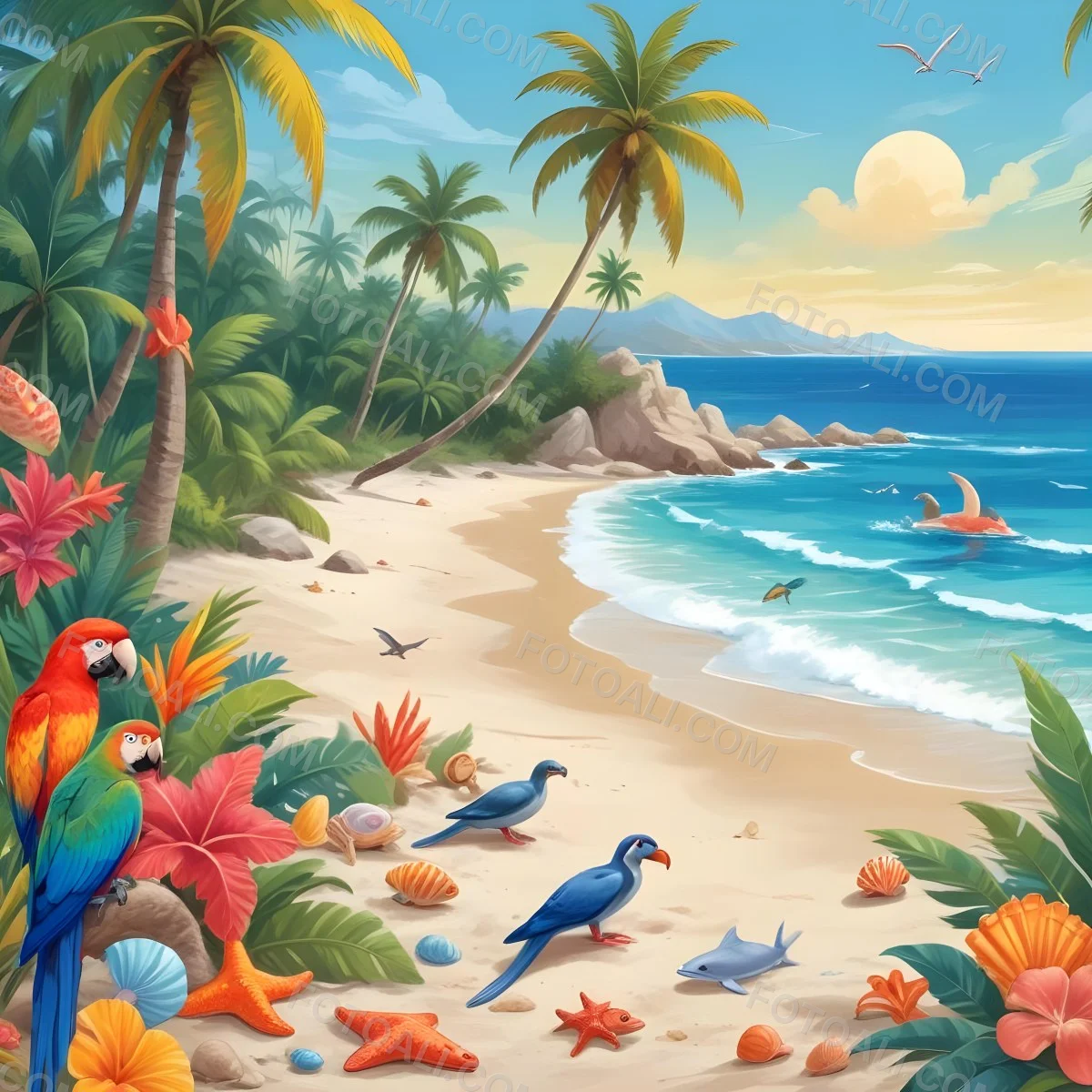 A Tropical Beach Scene With Palm Trees A Monkey Colorful Birds Dolphins And Various Sea Creatures On The Shore Featuring A Desert Oasis Under A Bright Sunny Sky With Gentle Waves In The Background 36 3592