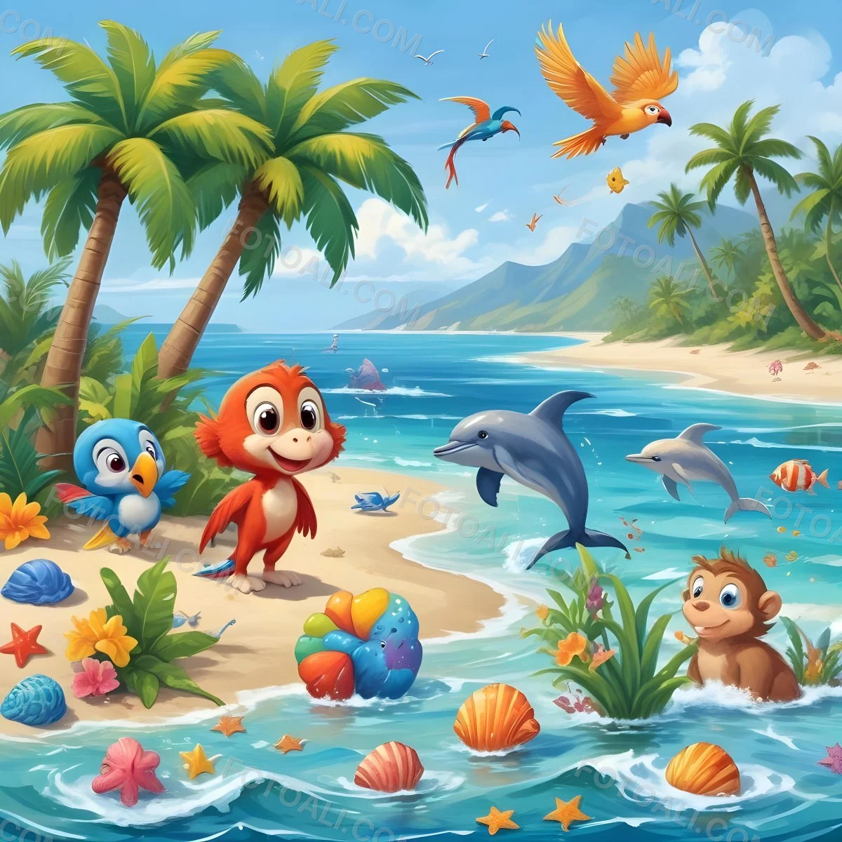 A Tropical Beach Scene With Palm Trees A Monkey Colorful Birds Dolphins And Various Sea Creatures On The Shore Featuring A Desert Oasis Under A Bright Sunny Sky With Gentle Waves In The Background 9 E186