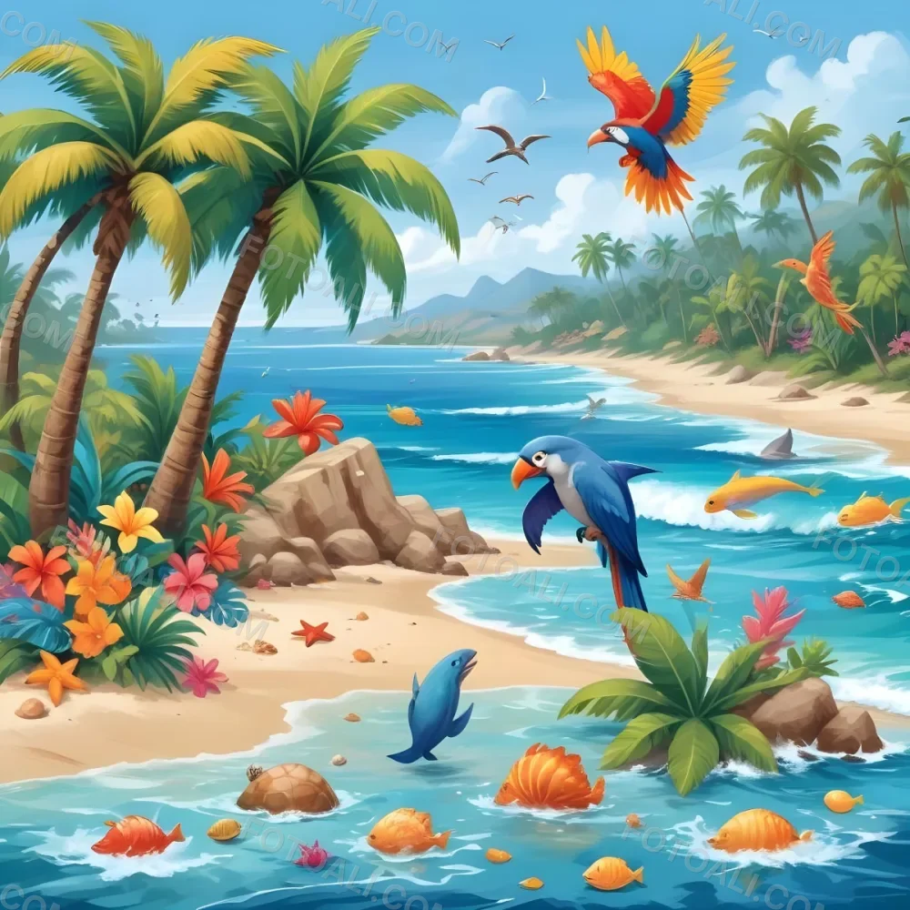 A Tropical Beach Scene With Palm Trees A Monkey Colorful Birds Dolphins And Various Sea Creatures On The Shore Featuring A Snowy Mountain In The Background With Clear Blue Skies And A Play 12 29f8
