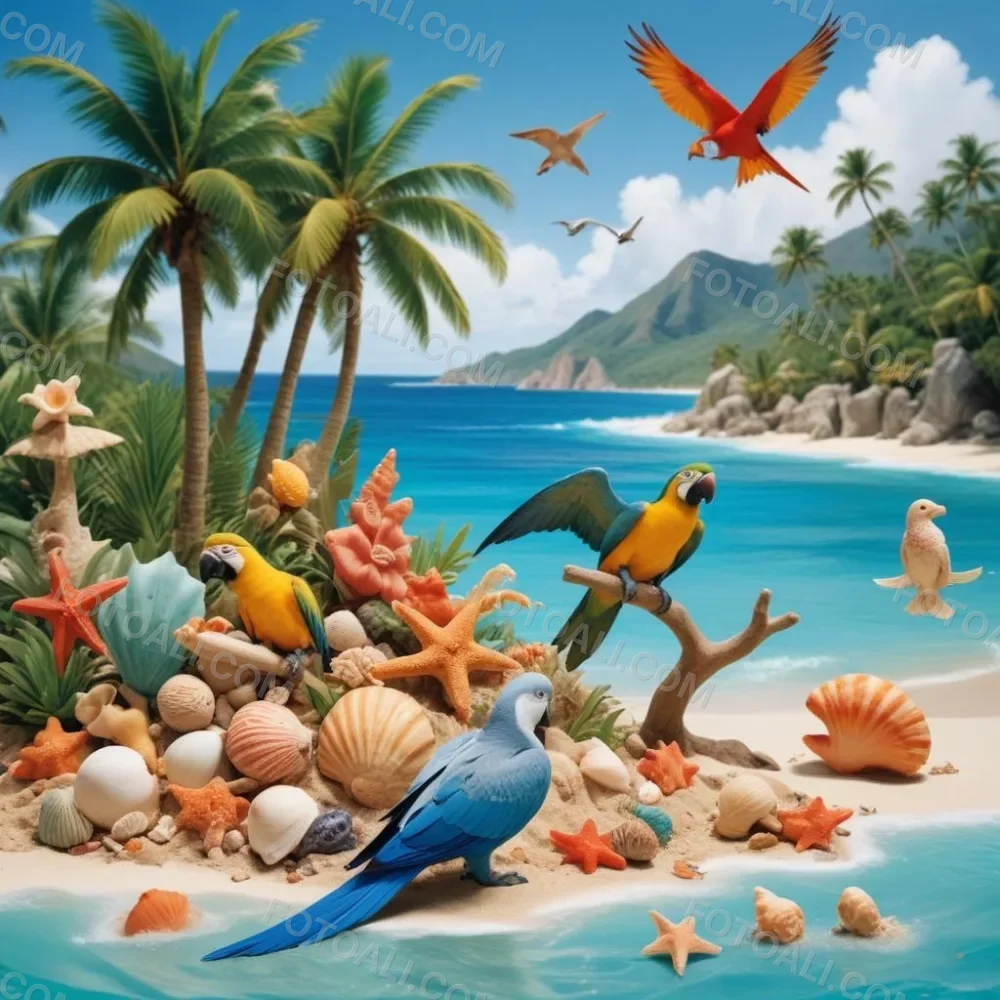 A Tropical Beach Scene With Palm Trees A Monkey Colorful Birds Dolphins And Various Sea Creatures On The Shore Featuring A Snowy Mountain In The Background With Clear Blue Skies And A Play 20 0e5c