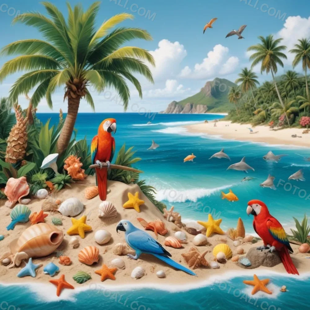A Tropical Beach Scene With Palm Trees A Monkey Colorful Birds Dolphins And Various Sea Creatures On The Shore Featuring A Snowy Mountain In The Background With Clear Blue Skies And A Play 22 8638