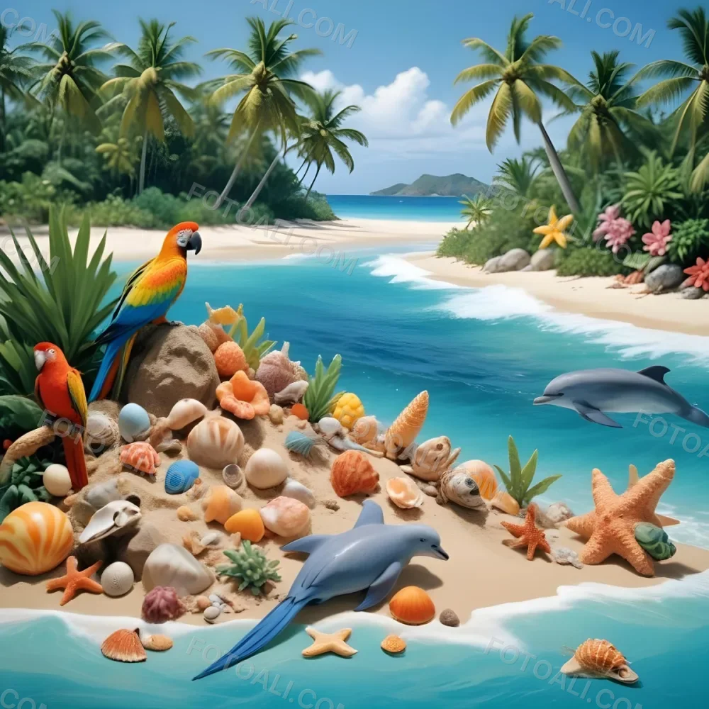 A Tropical Beach Scene With Palm Trees A Monkey Colorful Birds Dolphins And Various Sea Creatures On The Shore Featuring A Snowy Mountain In The Background With Clear Blue Skies And A Play 24 5827