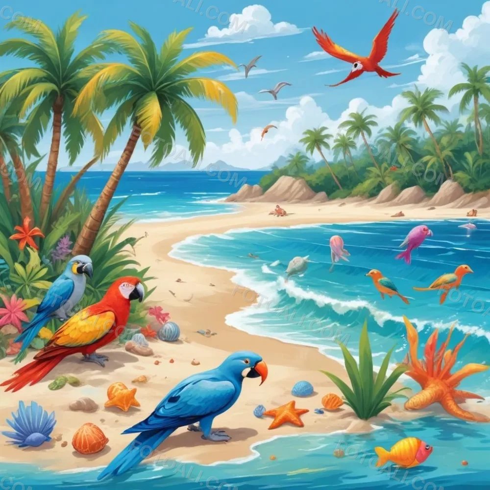 A Tropical Beach Scene With Palm Trees A Monkey Colorful Birds Dolphins And Various Sea Creatures On The Shore Featuring A Snowy Mountain In The Background With Clear Blue Skies And A Play 28 Bf0a