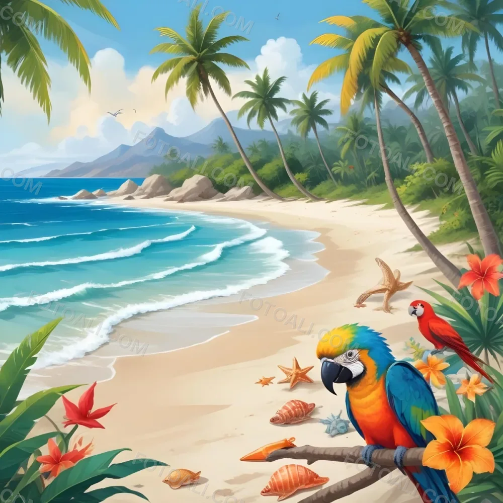 A Tropical Beach Scene With Palm Trees A Monkey Colorful Birds Dolphins And Various Sea Creatures On The Shore Featuring A Snowy Mountain In The Background With Clear Blue Skies And A Play 32 B360