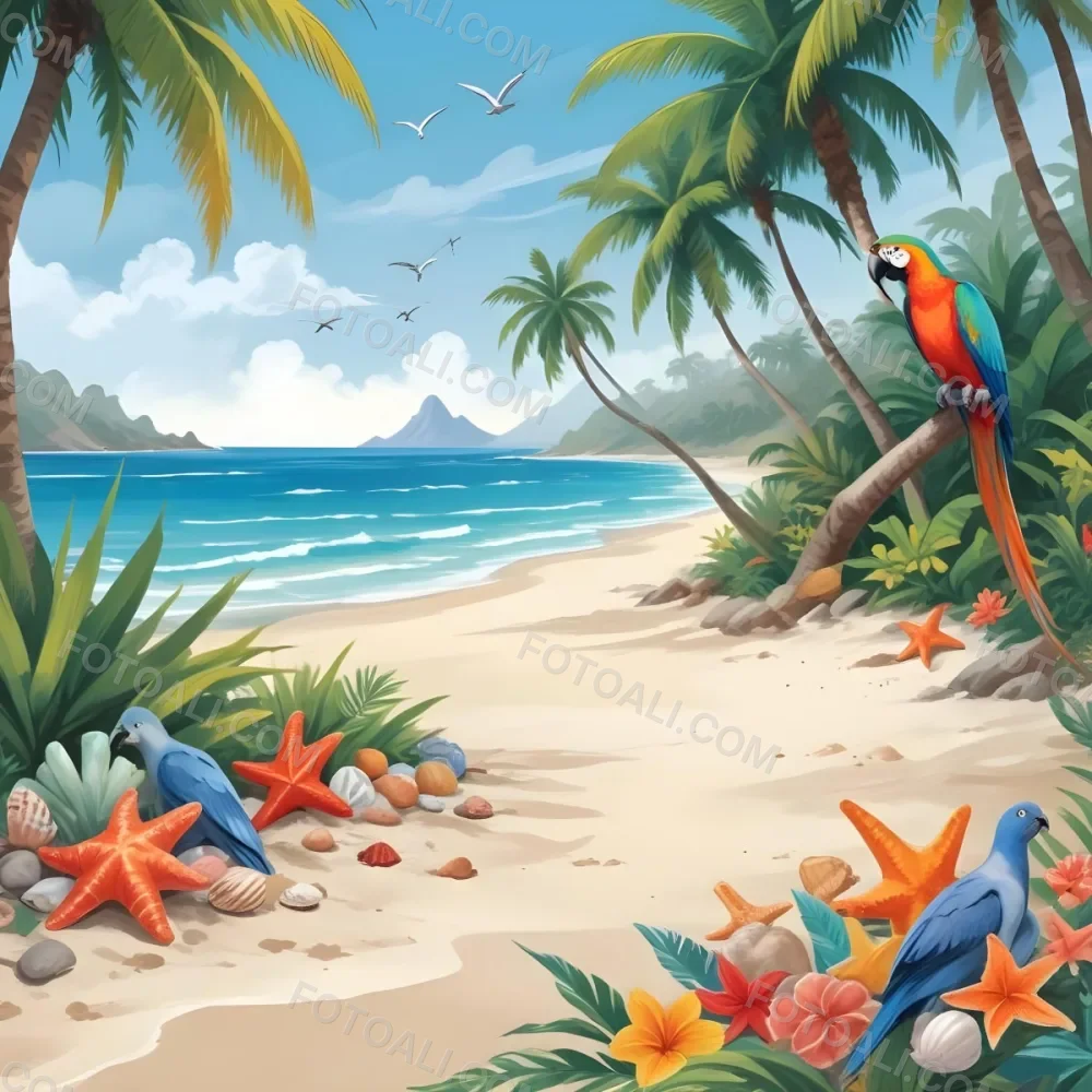 A Tropical Beach Scene With Palm Trees A Monkey Colorful Birds Dolphins And Various Sea Creatures On The Shore Featuring A Snowy Mountain In The Background With Clear Blue Skies And A Play 36 0e0a
