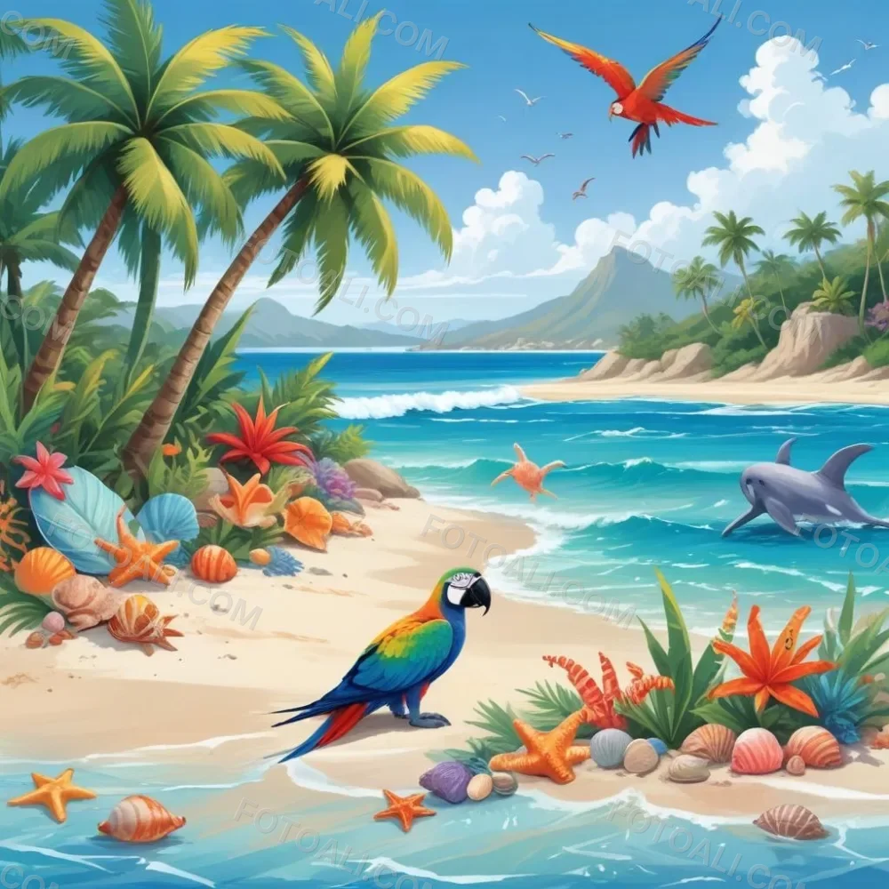 A Tropical Beach Scene With Palm Trees A Monkey Colorful Birds Dolphins And Various Sea Creatures On The Shore Featuring A Snowy Mountain In The Background With Clear Blue Skies And A Play 37 6c10